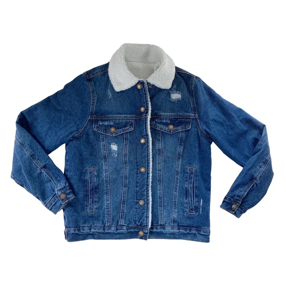 Denim Jacket Womens Small Sherpa Lined Trucker Distressed Fur Collar Cotton Poly